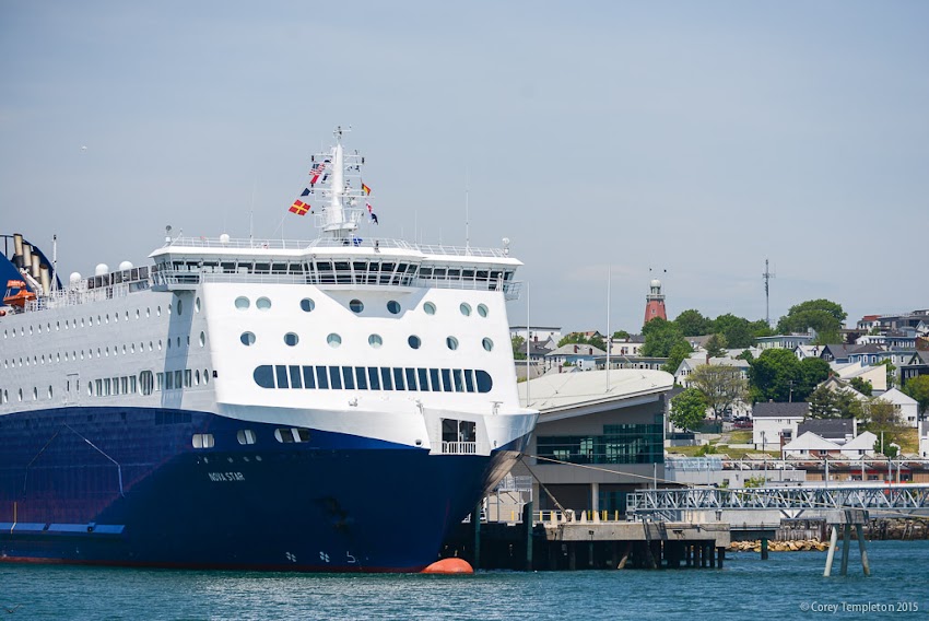 Portland, Maine USA Nova Star ferry docked at Ocean Gateway with Munjoy Hill in background. Photo by Corey Templeton.