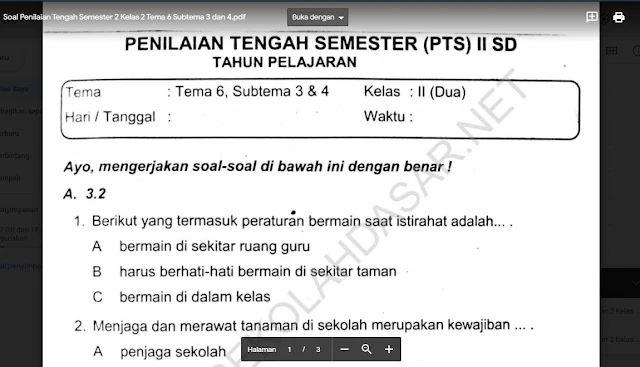 Soal Penilaian Tengah Semester 2 Kelas 2 Tema 6 Subtema 3 dan 4