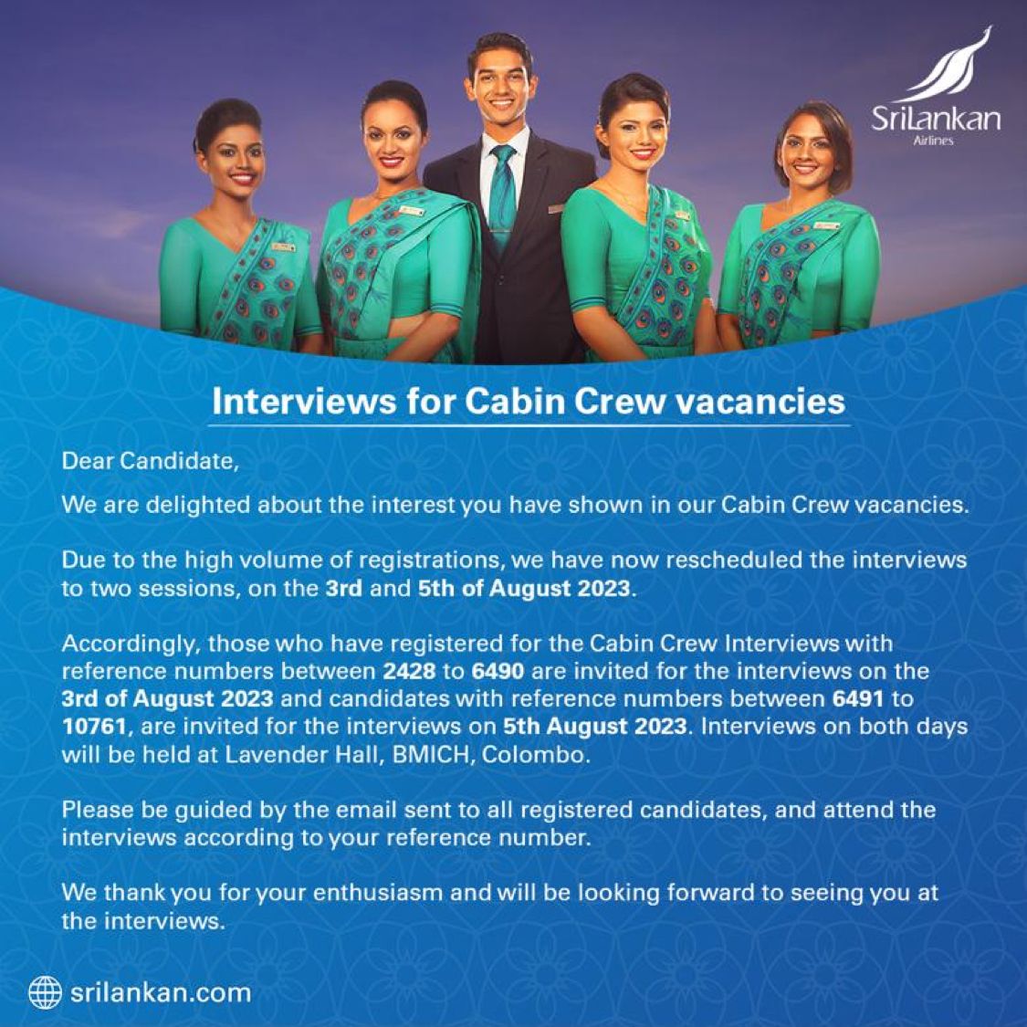 cabin crew interview on 5th august 2023 sri lanka
