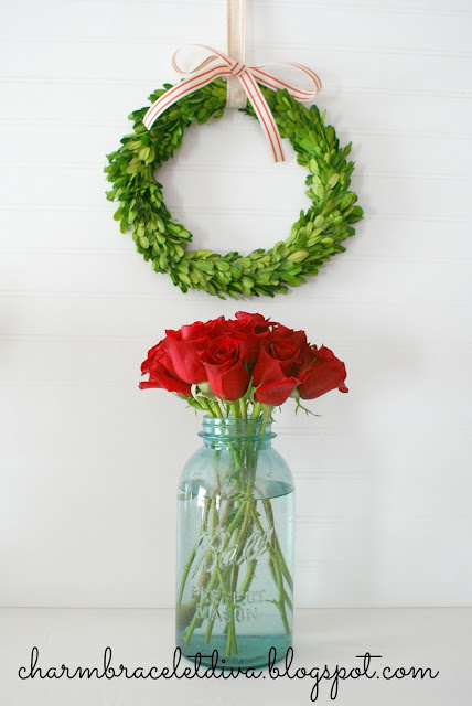 red roses vintage blue mason jar vase boxwood wreath