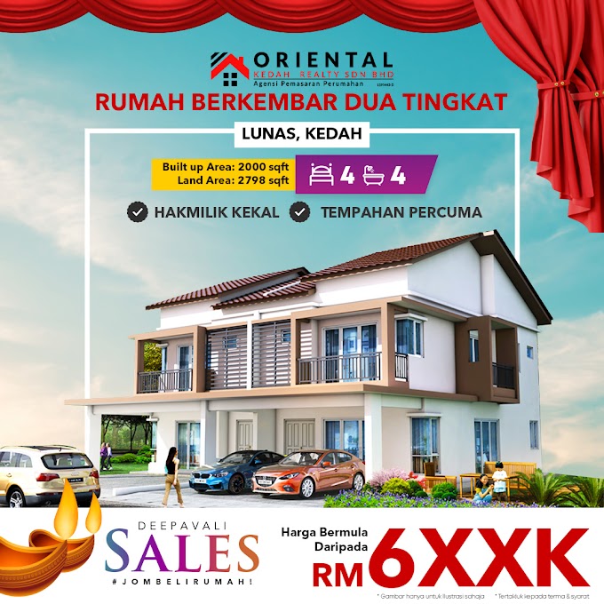   Kami dari Oriental Kedah Realty ingin memperkenalkan kepada anda Projek Perumahan Terbaru dan Terhangat di Lunas . Daftar sekarang dengan 𝐓𝐞𝐦𝐩𝐚𝐡𝐚𝐧 𝐏𝐞𝐫𝐜𝐮𝐦𝐚 𝐬𝐚𝐡𝐚𝐣𝐚