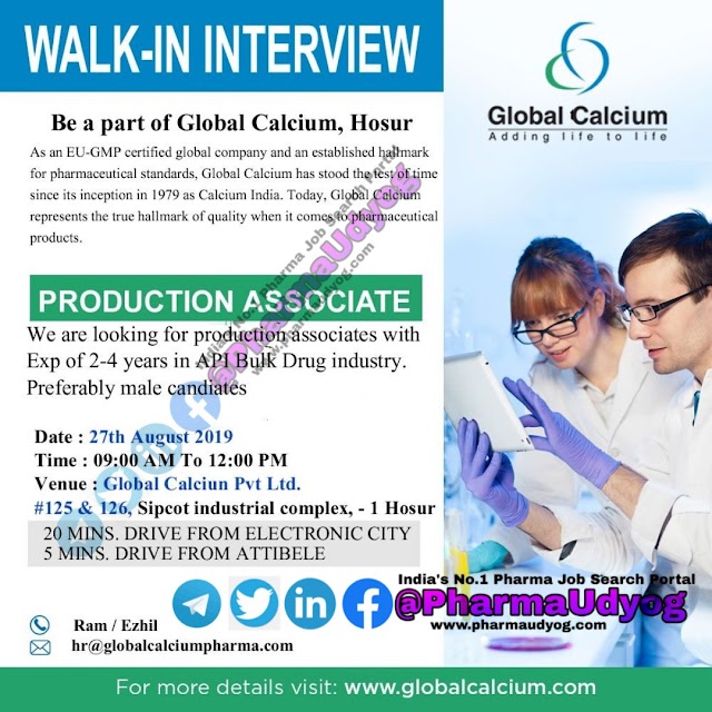 Global calcium | Walk-in interview for Production Chemists | 27 August 2019 | Hosur