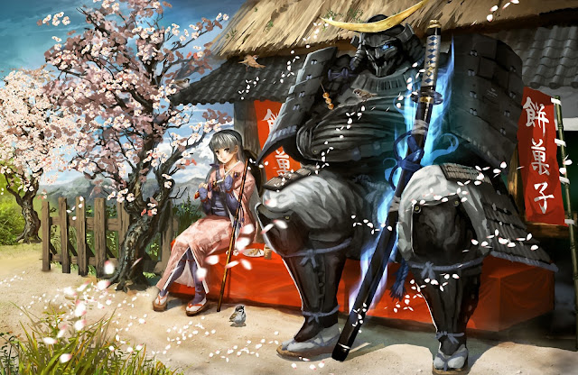   Cherry Blossome Kimono Cute Girl Samurai Warrior Armor Katana Anime HD Wallpaper Desktop PC Background 2040 