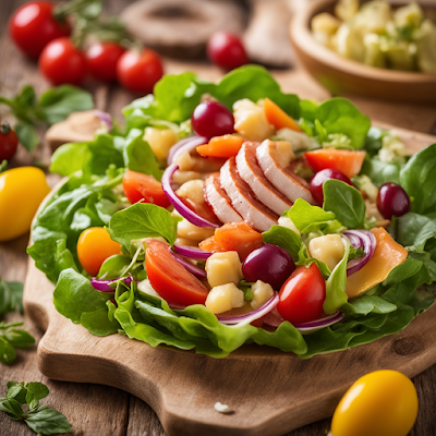 Auf diesem Bild ist eine Schale mit gemischten Salat wie Rucola, Feldsalat, Radicchio, Gurke, Paprika, rote Zwiebeln, Cherrytomaten, Frühlingszwiebeln, Avocado und Hähnchenfleisch in Scheiben geschnitten, zusehen.