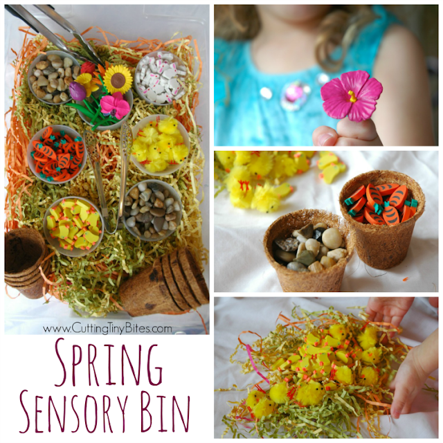 Spring Sensory Bin. Great fun for kids! Perfect for preschool spring, flower, or Easter theme.