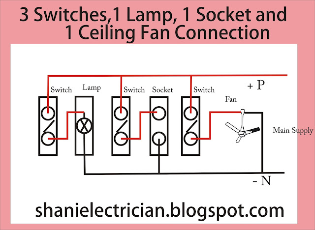 3 Switches 1 Lamp 1 Socket and 1 Ceiling Fan Connection