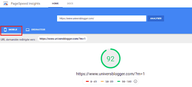 Score performance "Mobile" Google PageSpeed Insights