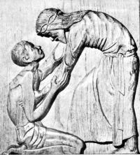 Imagen de un grabado que representa a Jesus compadeciendose del leproso