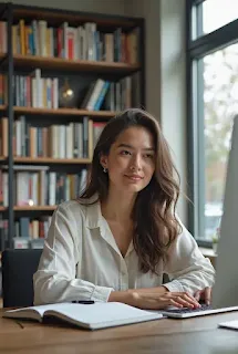 A young woman working on a computer in a modern office, with a bookshelf filled with books in the background.