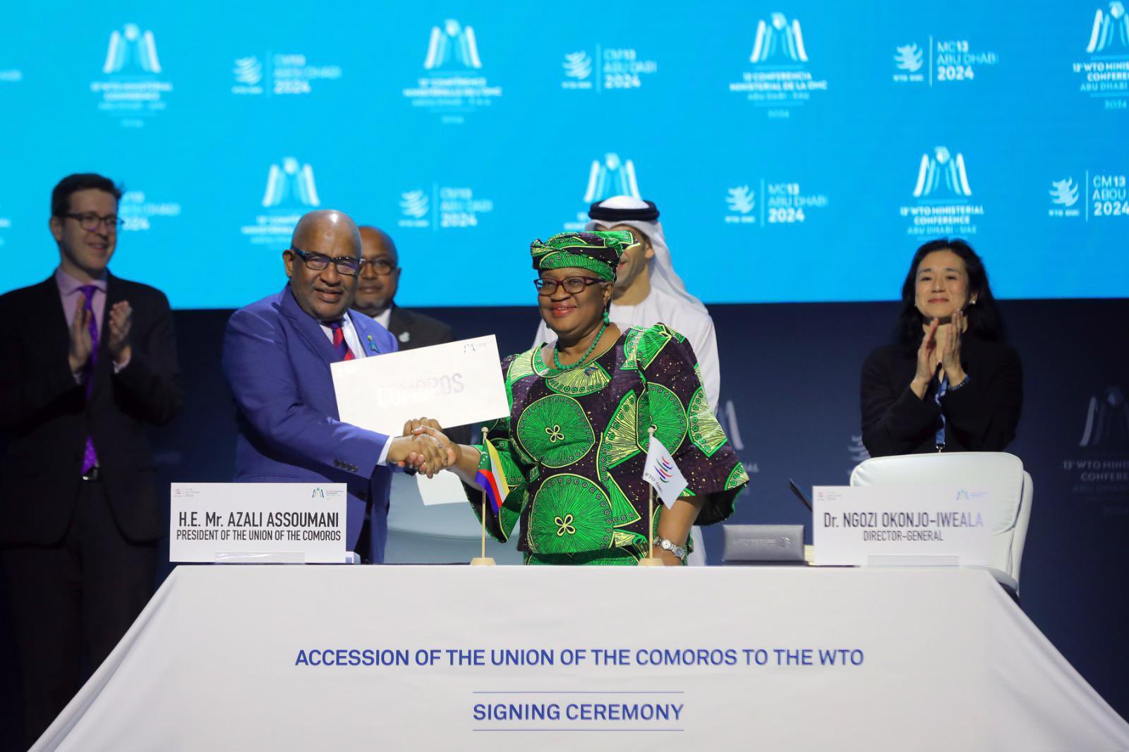 Ngozi Okonjo-Iweala, Director-General of the World Trade Organization (WTO) welcomes Comoros into the WTO family in Abu Dhabi, UAE