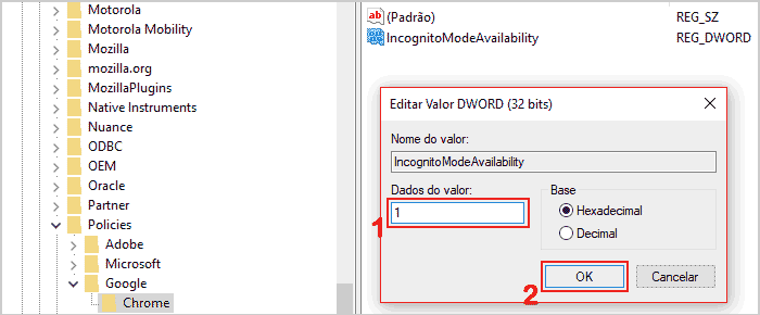 Ativando com 1 para desativar e bloquear o modo anônimo no Google Chrome