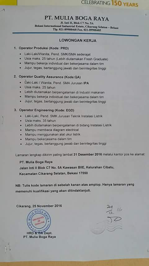 Loker PT Mulia Boga Raya  Loker Cileungsi Bogor Depok 