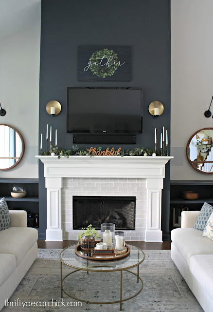 Symmetrical sofa set up with fireplace