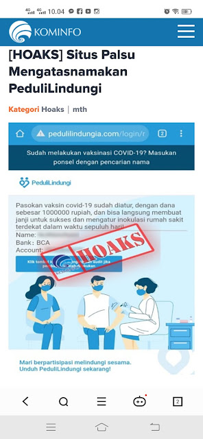 Masyarakat Diharap Waspada Situs Palsu Pedulilindungi.com Menduplikasi Webs Resmi  https://Pedulilindungi.id