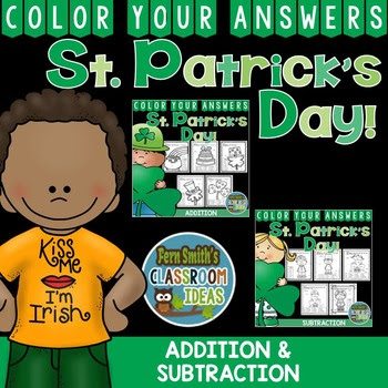 Fern Smith's Classroom Ideas St. Patrick's Day Subtraction and Addition Bundle of Color Your Answers Printables for St. Patrick's Day available at her TeachersPayTeachers Store!