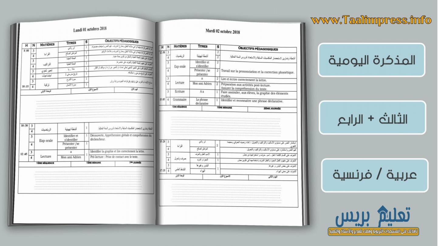 نموذج لطريقة ملء المذكرة اليومية الأسبوع 1 - 2 للمستوى 3+4 وفق مستجدات المنهاج المنقح