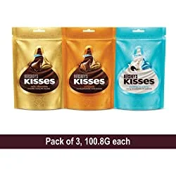 Kisses Hershey's Hersheys Assorted Pack (1 Cookies n Creme 100.8gm, 1 Almond 100.8gm, 1 Milk 108gm) Pouch, 3 x 100 g