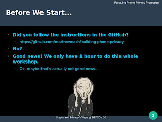 Second slide in the workshop reminds the audience we had put instructions on github for what to do before attending the event.