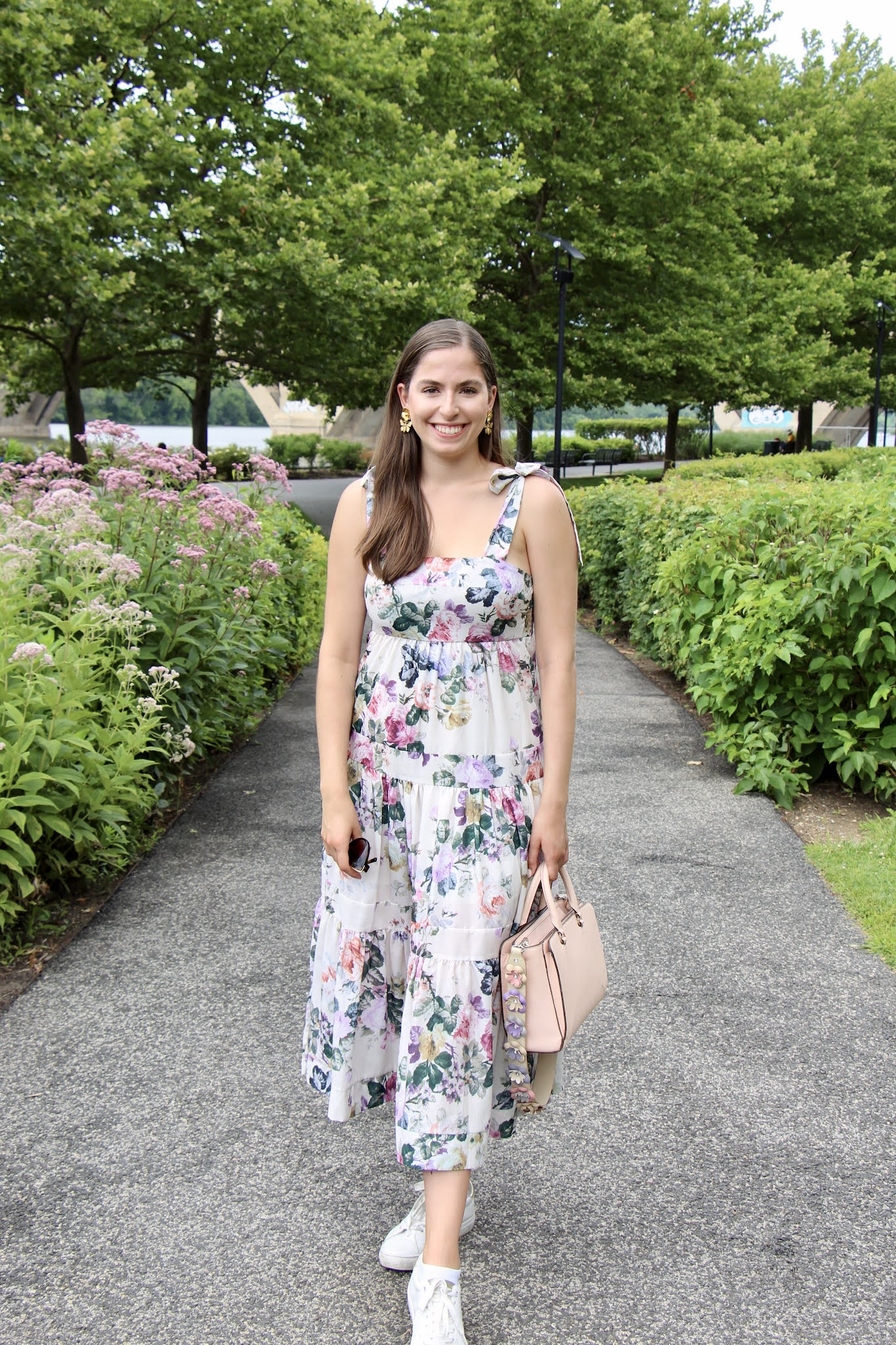 chicwish floral dress, maxi dress, white sneakers, white tennis shoes, how to wear white sneakers