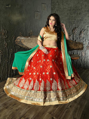 Embroidered Red color Lehnga with Cyan color Dupatta with Brocade Blouse