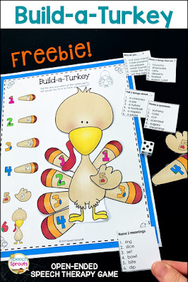 Picture Books and activities for Thanksgiving speech therapy .FREE Build-a-Turkey Thanksgiving game for kids. Open-ended fun in speech therapy or small groups.Collect all the turkey parts to win! Includes Thanksgiving language quick lists.#speechsprouts #speechtherapy #thanksgiving #preschool #kindergarten #thanksgiving game