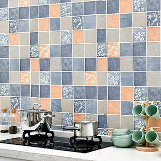 Wolpin Wall Stickers Wallpaper Bathroom Waterproof Kitchen Tiles Pattern, DIY Stove Backsplash, Countertop Self Adhesive Decal, Blue & Orange