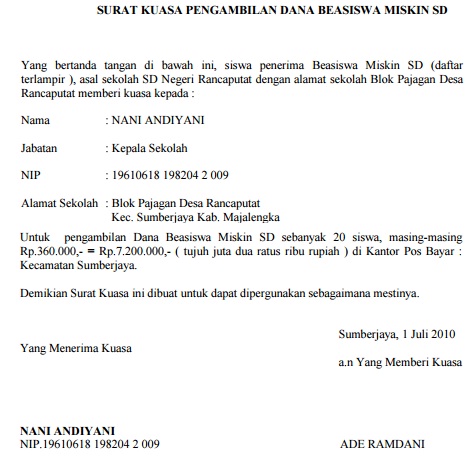 Contoh Surat Kuasa Pengambilan Dana Beasiswa Miskin di 