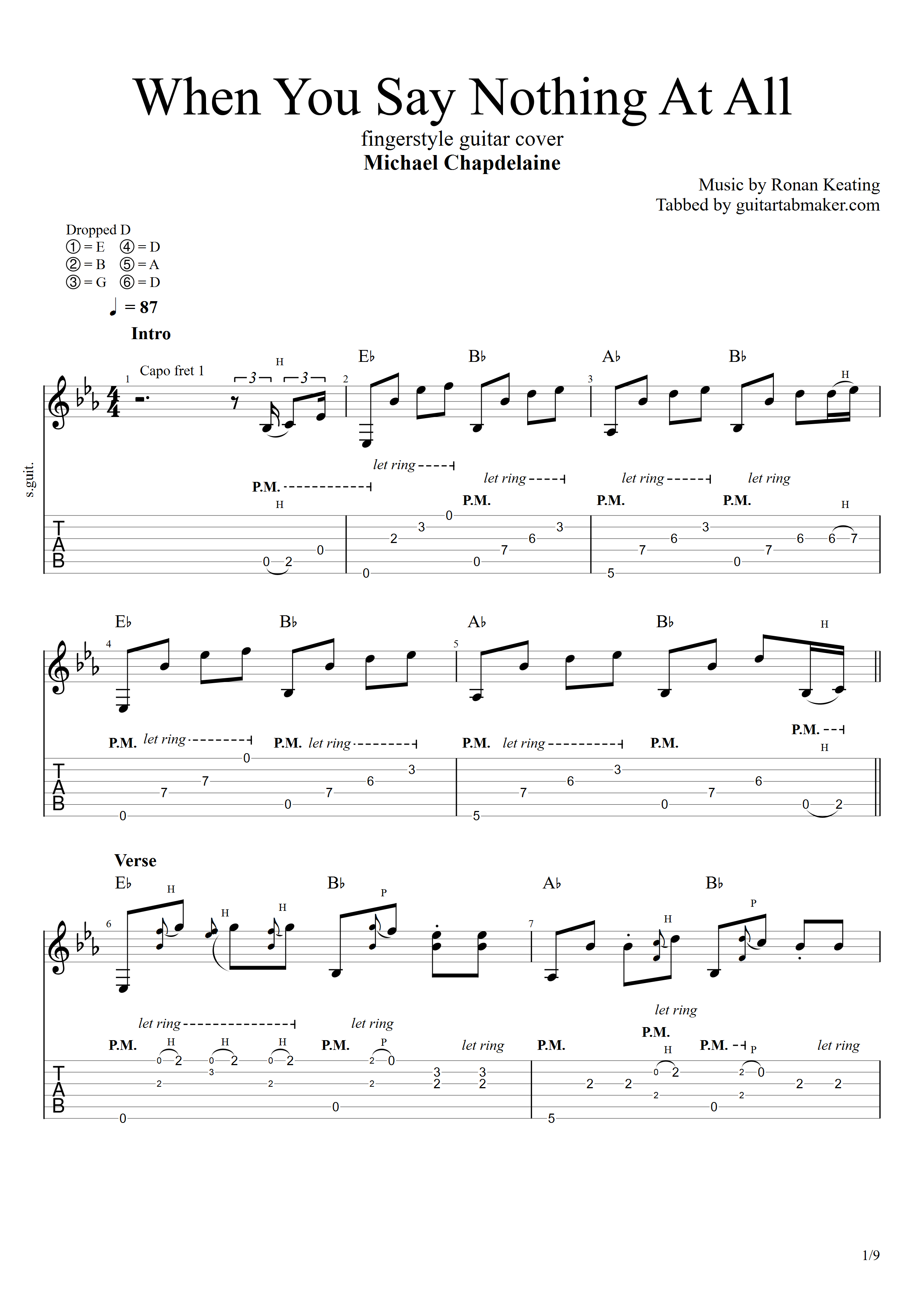 When You Say Nothing At All fingerstyle guitar TAB
