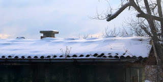 Early morning sun on snow on the green building