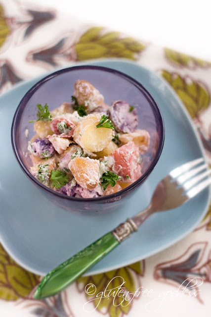 Vegan potato salad recipe made with tiny heirloom pink, purple and yellow potatoes and vegan mayo
