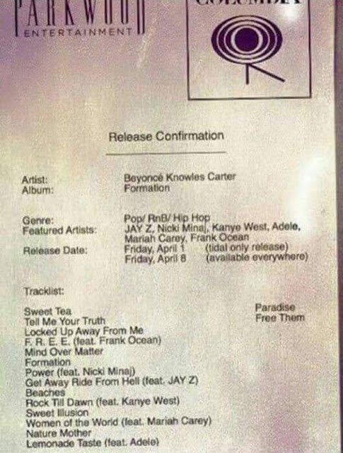 Intentional Or What?!?! Beyonce Track List  For "Formation" Album Got Public Exposure