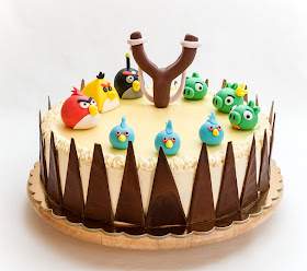 Angry birds chocolate orange cake with fondant figurines with tempered chocolate