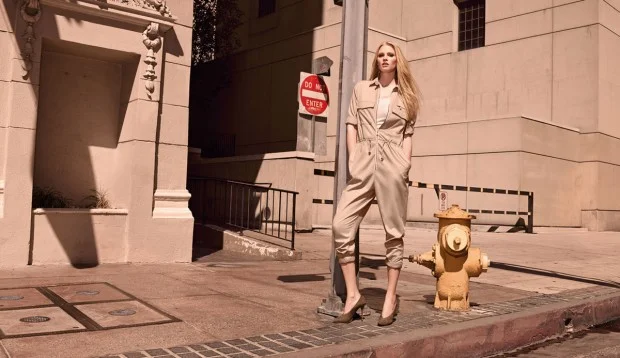 Lara Stone wears neutrals for the H&M Spring/Summer 2015 Campaign