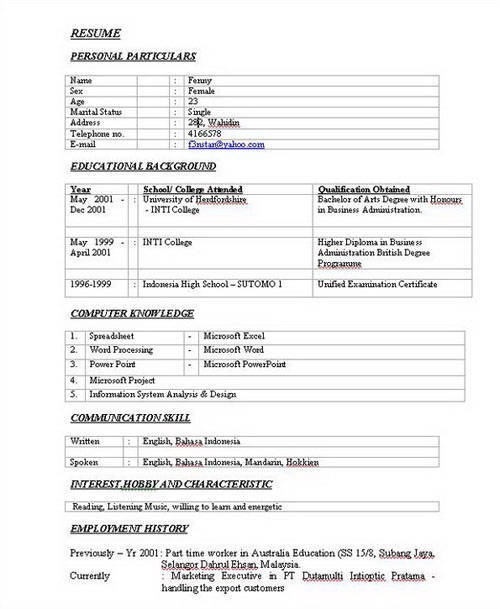 Contoh CV (Curriculum Vitae) Untuk Melamar Pekerjaan 