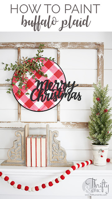 DIY Christmas Wreath with Buffalo Plaid. How to paint red and white buffalo plaid. How to paint buffalo check pattern. Wood disc Christmas wreath tutorial.