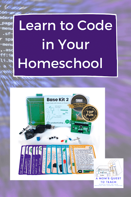A Mom's Quest to Teach logo - Learn to Code in Your Homeschool; background coding photo; photo of base kit