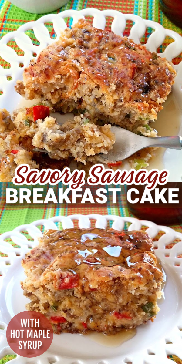 Savory Sausage Breakfast Cake with Hot Maple Syrup! The original savory breakfast biscuit cake loaded with sausage, onions and peppers served with hot maple syrup perfect for brunch and breakfast buffets.