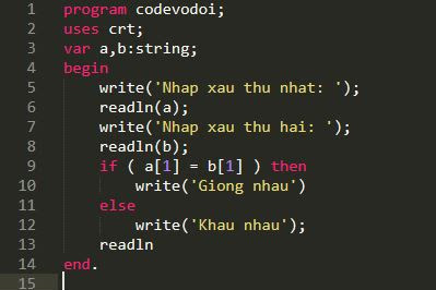 Pascal - Nhập hai xâu từ bàn phìm và kiểm tra xem kí tự đầu của xâu thứ nhất có trùng với xâu thứ hai không