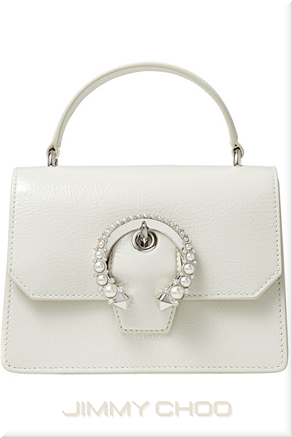 ♦Jimmy Choo Madeline satchel in latte patent textured leather with pearl buckle #jimmychoo #bags #brilliantluxury