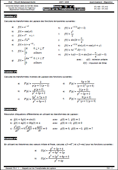 TD 1 Asservissement – Régulation Transformées de Laplace (Ex & Sol)