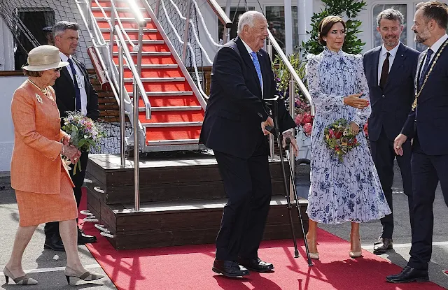 Crown Princess Mary wore a new Narella hogarth print pleated chiffon dress by Erdem. Queen Sonja wore a coral jacket