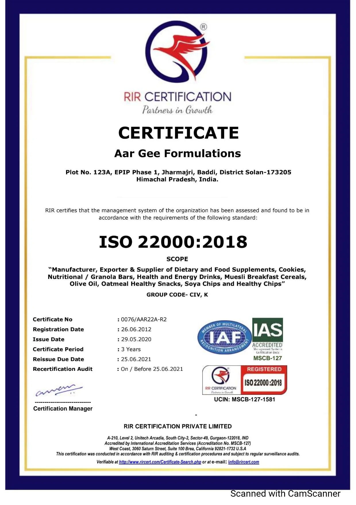 10.Vestige RIR/IAS/IAS Certificate ISO 22000:2018