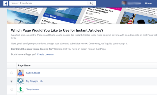 Select your page to add Facebook Instant Articles