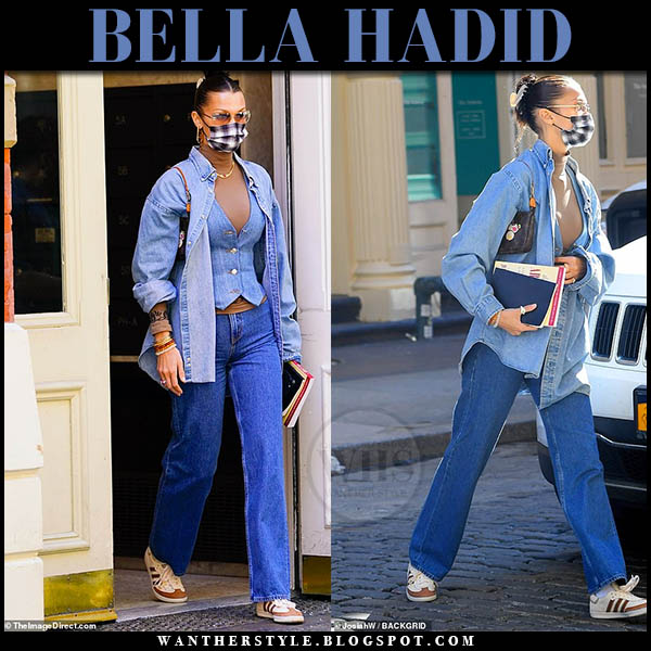 Bella Hadid in blue denim shirt, denim vest and jeans