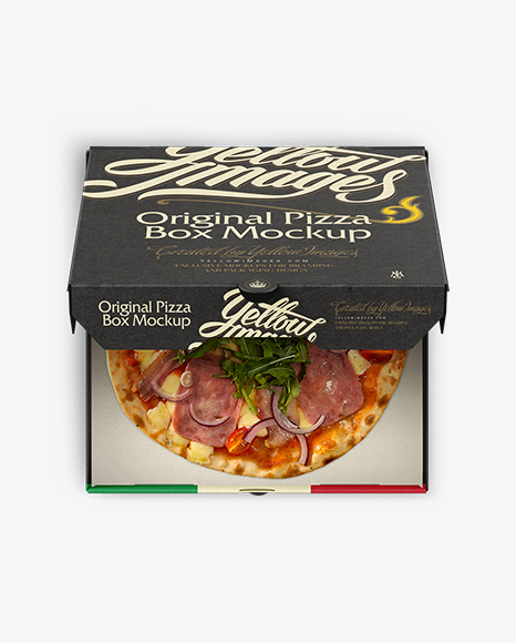 Pizza in Half-open Cardboard Box Mockup