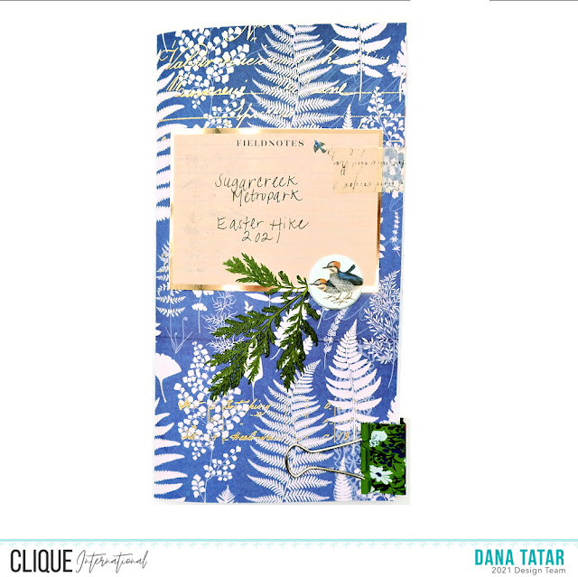 Blue Botanical Print Patterned Paper with Gold Metallic Accents Field Notes Traveler's Notebook Cover with Dried Fern