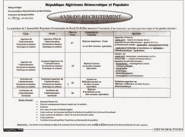  مسابقة توظيف ببلدية برج الكيفان ولاية الجزائر