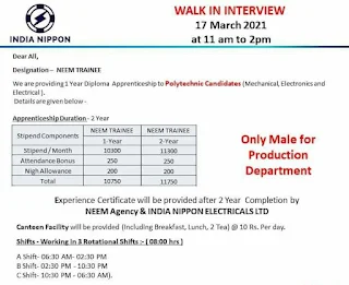 India Nippon Electricals Ltd Diploma Apprenticeship Requirement For Polytechnic Candidates Mechanical, Electronics And Electrical