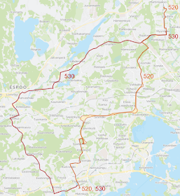 Runkolinja 520: Matinkylä - Suurpelto - Turunväylä - Kehä I - Leppävaara - Myyrmäki - Louhela as. - Martinlaakso. Runkolinja 530: Matinkylä - Espoon keskus - Jorvi - Lähderanta - Myyrmäki. Linja liikennöi Finnoon uuden katuyhteyden kautta.