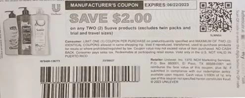 $2.00/2 Suave Coupon (go to suave site, sign up and they will email you the coupon - www.suave.com)